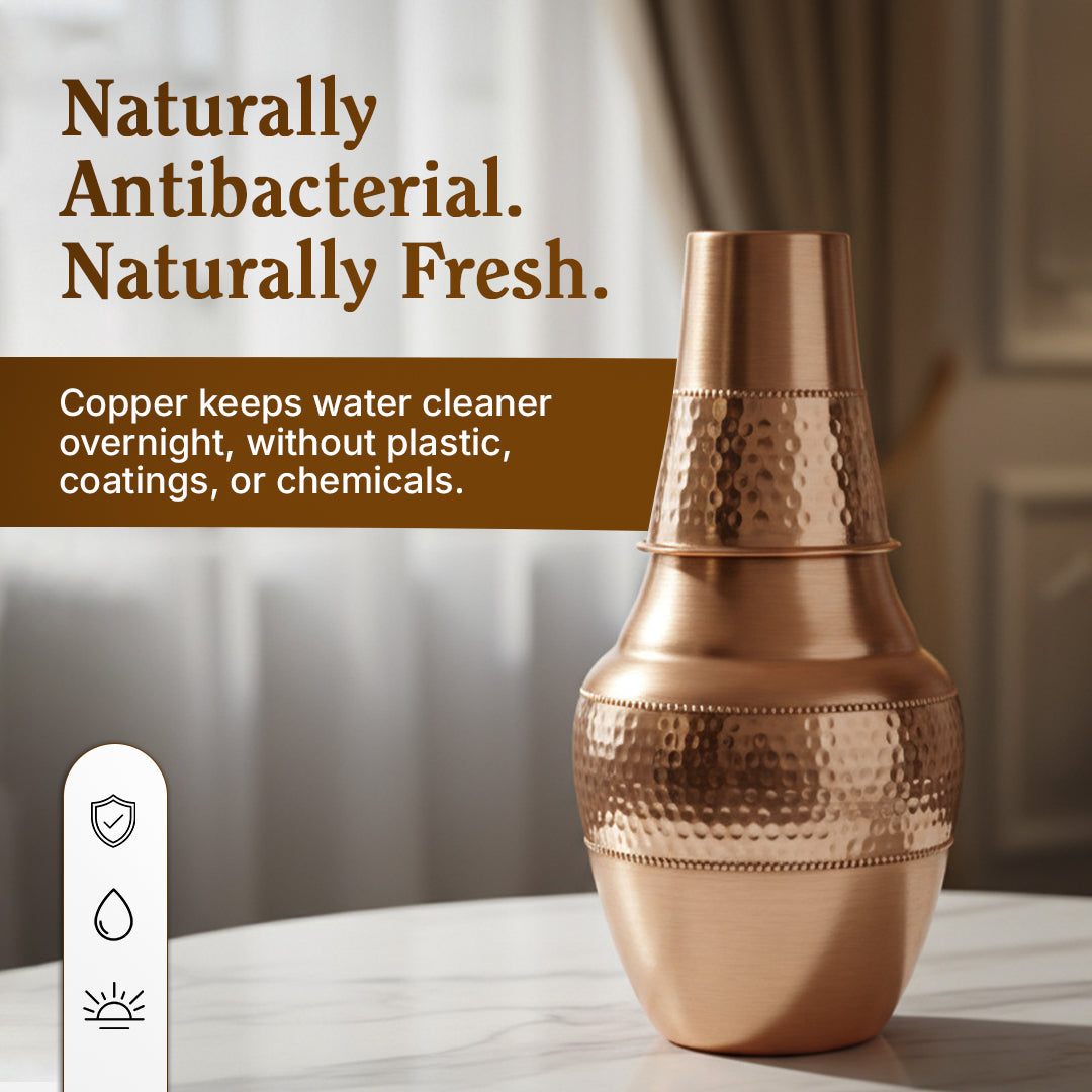 Pure Copper Bedside Water Carafe & Tumbler Set | Overnight Alkaline Water Storage System