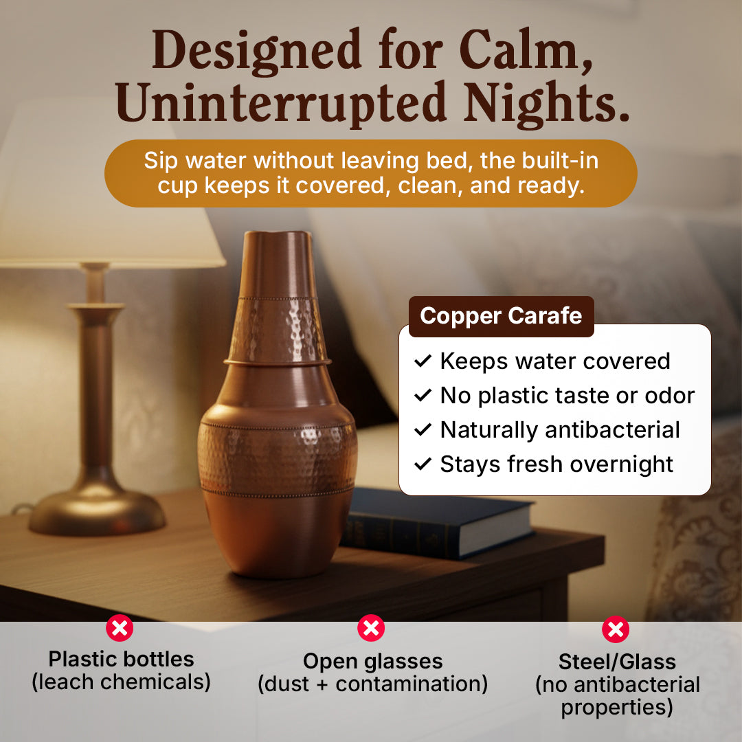 Pure Copper Bedside Water Carafe & Tumbler Set | Overnight Alkaline Water Storage System